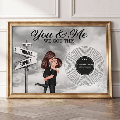 Vintage Street Sign Couple Hugging Kissing Personalized Song Lyrics Poster, Anniversary  Gift For Him, For Her