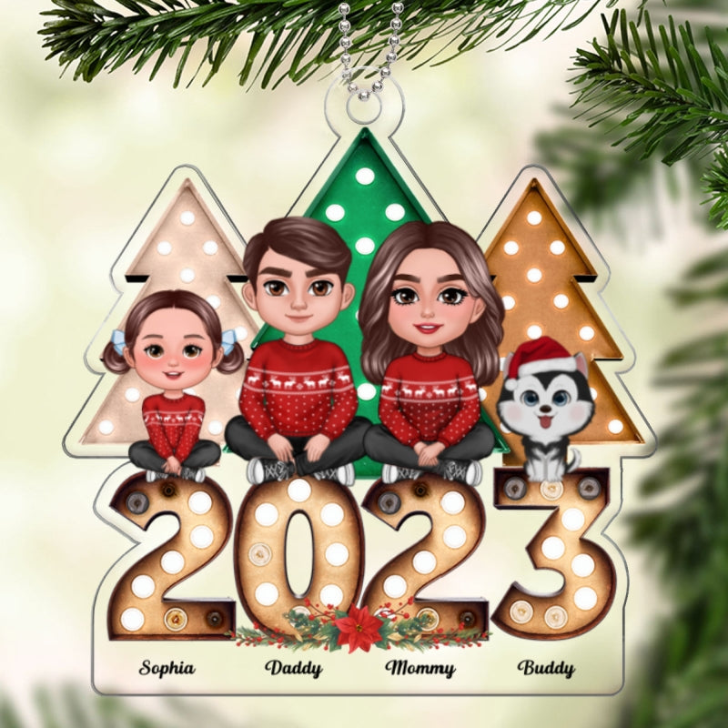 Christmas Tree Marquee Family Sitting Personalized Acrylic Ornament