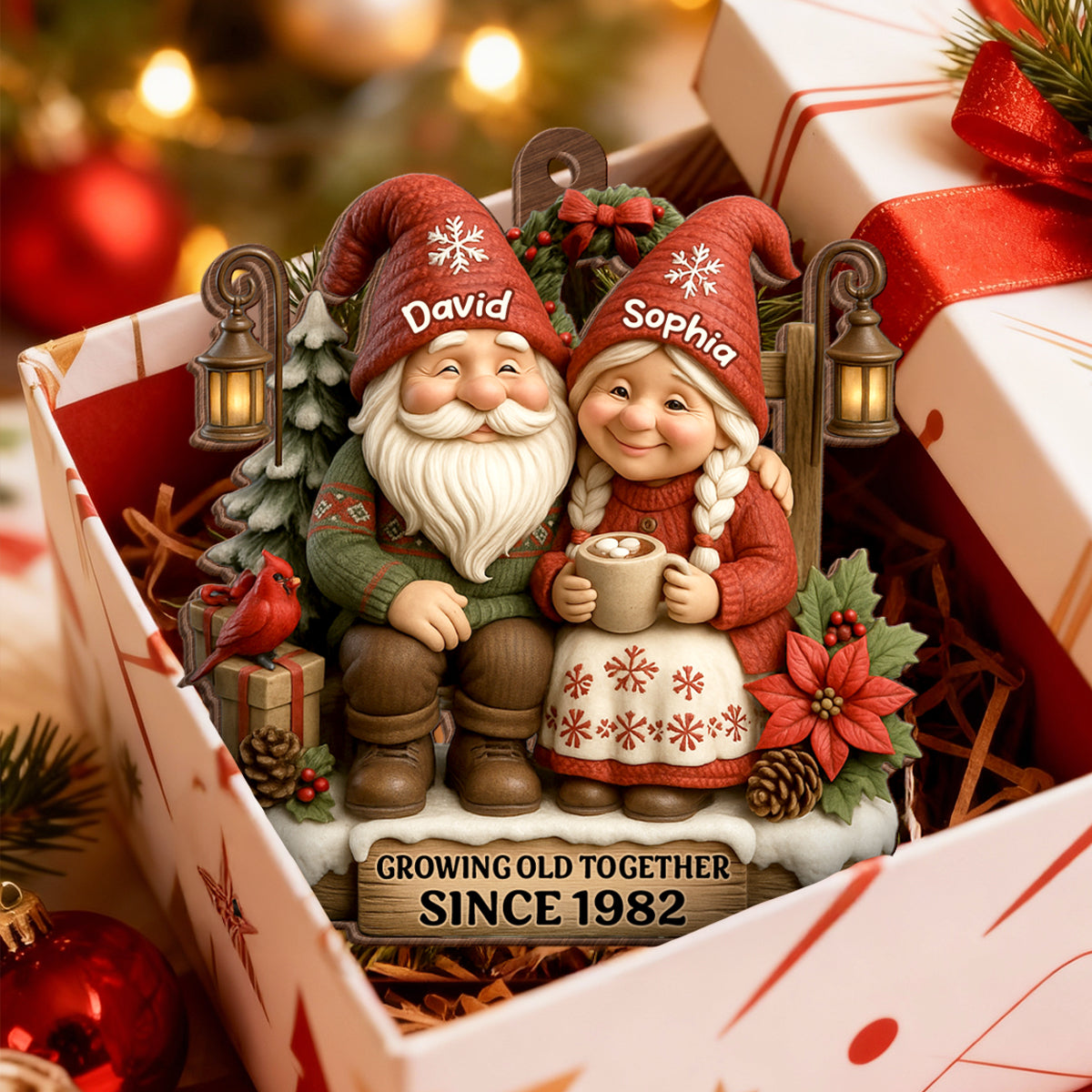 Old Gnomes Couple Sharing Holiday Cheer Together - Personalized Wooden Ornament - Thoughtful & Heartfelt Christmas Gift for him, Gift for her