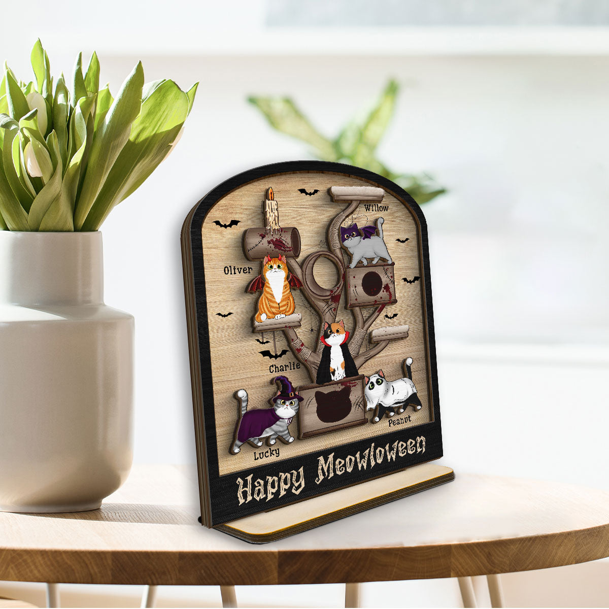 Halloween Cat Tree Cat Lover Tier Tray Decor Personalized 2-Layer Standing Wooden Plaque