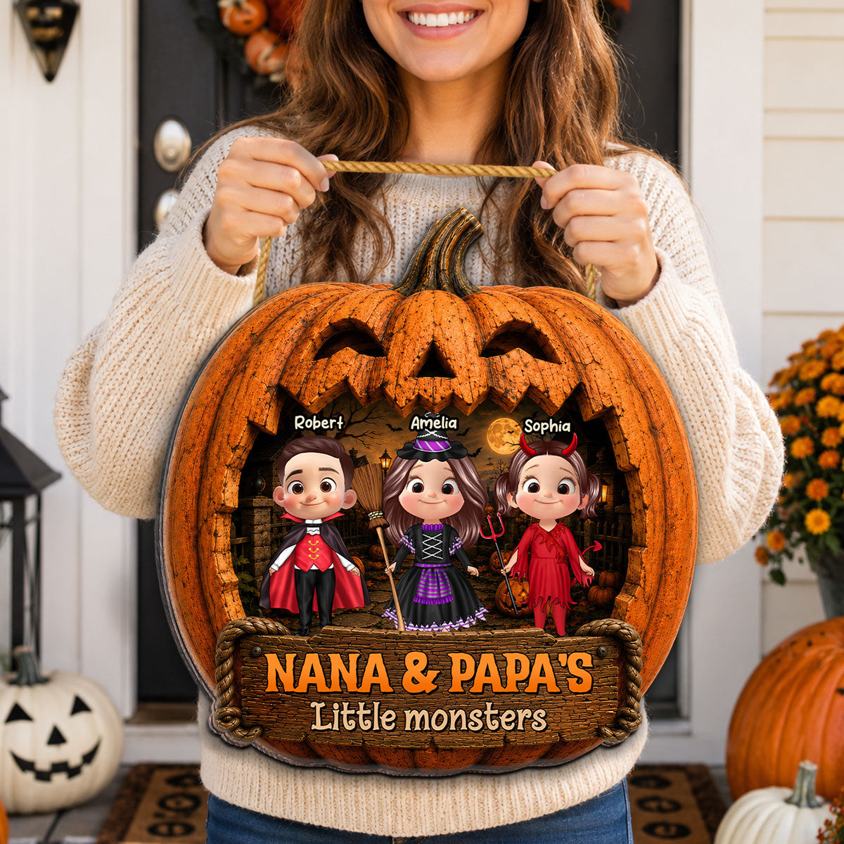 Grandpa & Grandma's Little Monsters - Personalized Wood Sign - Halloween Decor For Grandparents