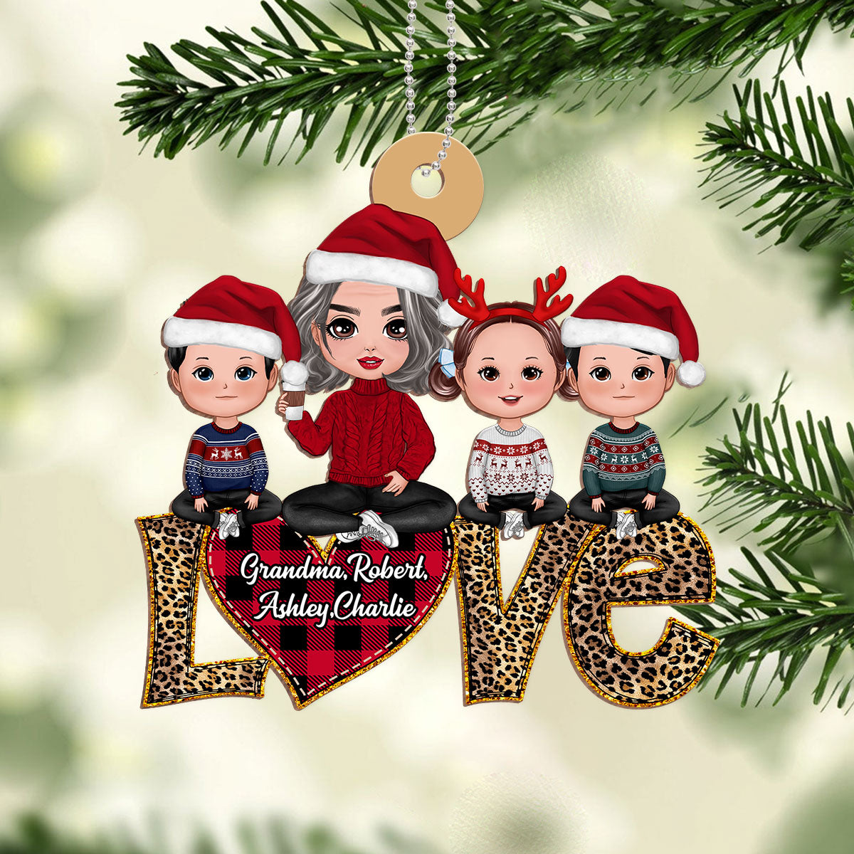 Grandma Grandkids Sitting On Text Love Leopard Personalized Wooden Ornament