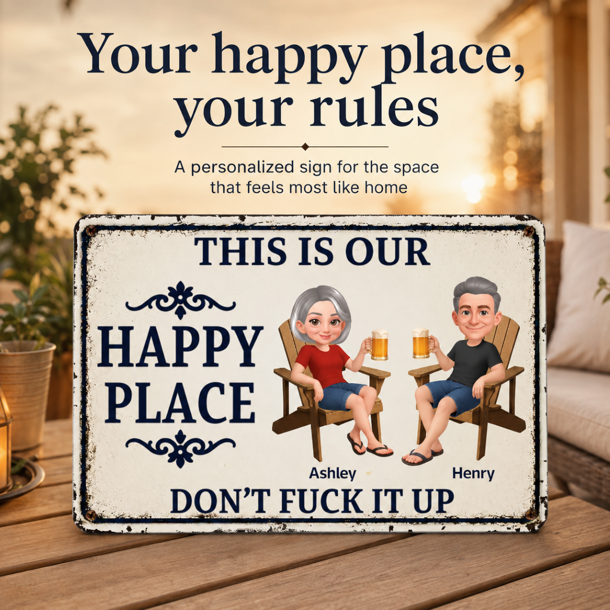 Couple This Is Our Happy Place - Personalized Metal Sign - Funny Sarcasm Decoration For Patio, Garden, Farmhouse Porch, Man Cave, Garage