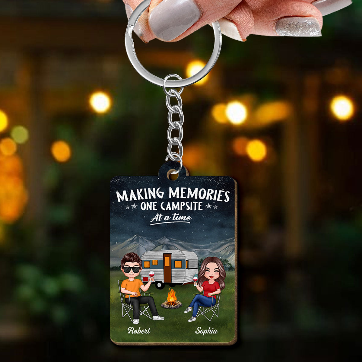 Couple Making Memories Camping Personalized Wooden Keychain