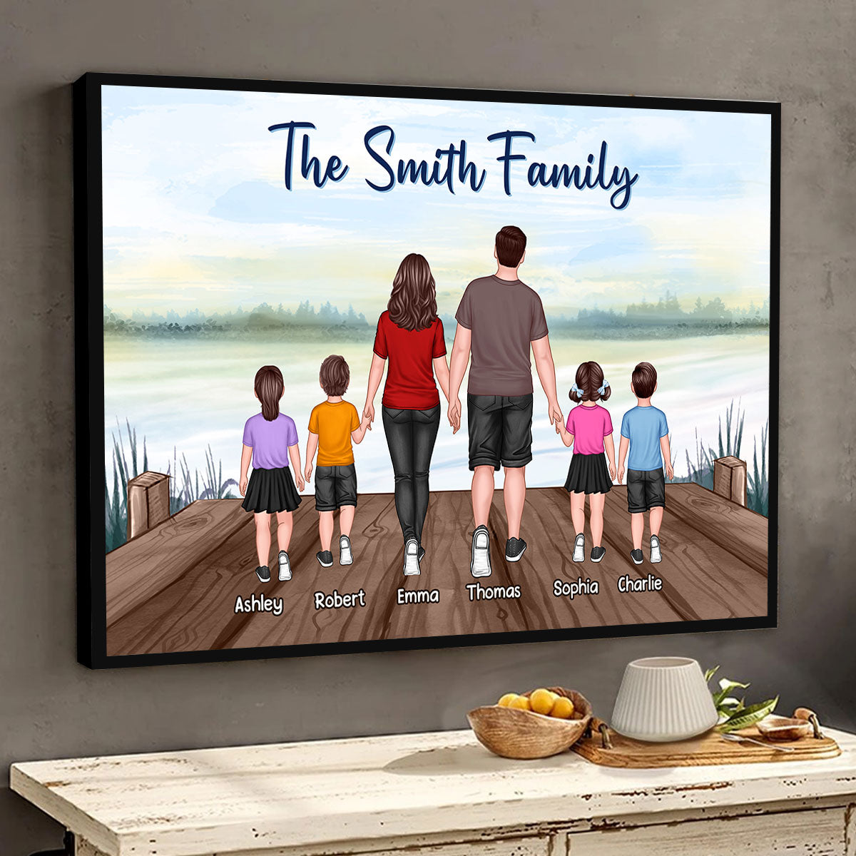 Family Standing Back View Lake Personalized Horizontal Poster