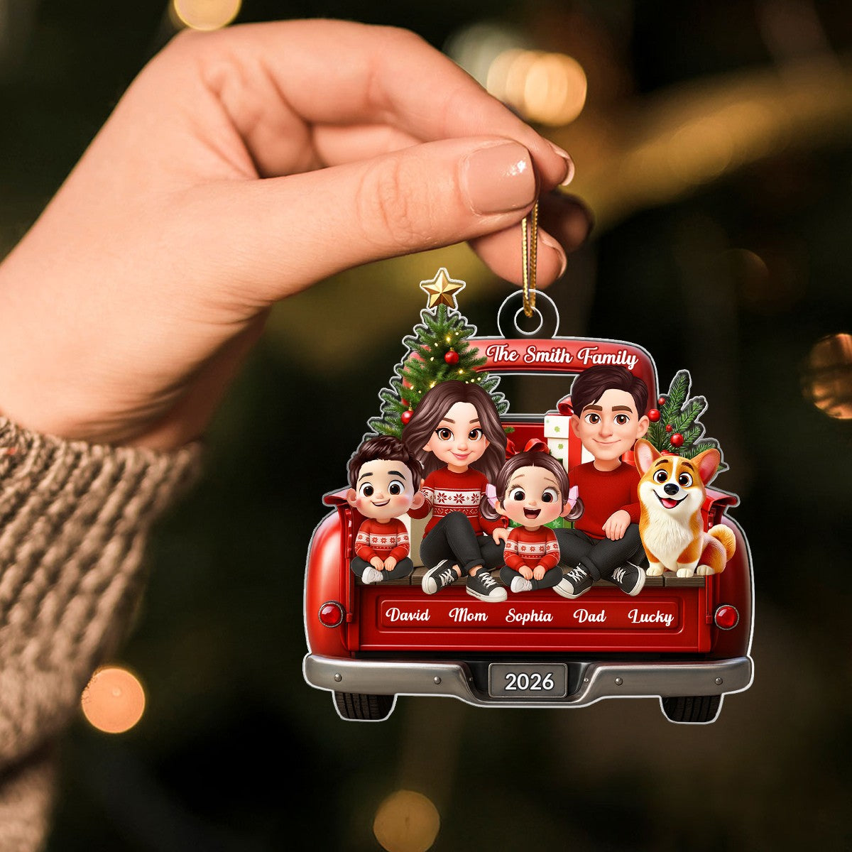 Family Sitting On Christmas Truck Personalized Acrylic Ornament, Christmas Gift for Husband, Wife