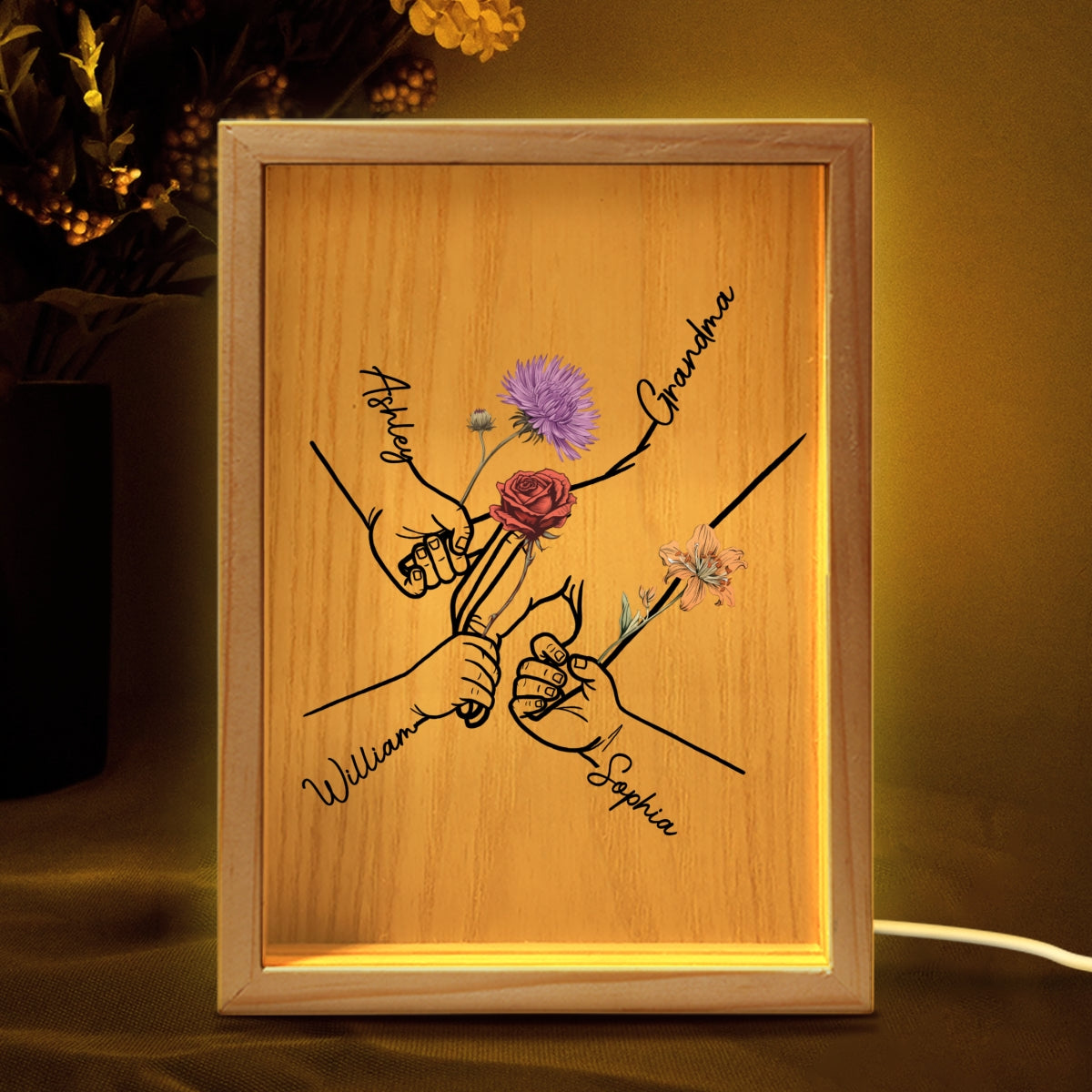 Kids Holding Grandma Mom Hand Birth Month Flowers Personalized Frame Light Box