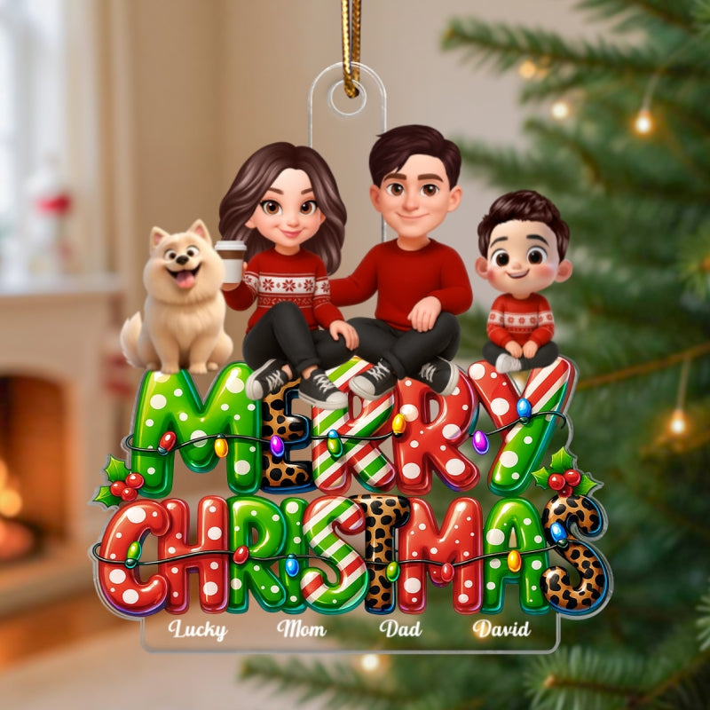 Merry Christmas 2025 Family Sitting on Text Personalized Acrylic Ornament, Christmas Gift for Husband, Wife, Kid