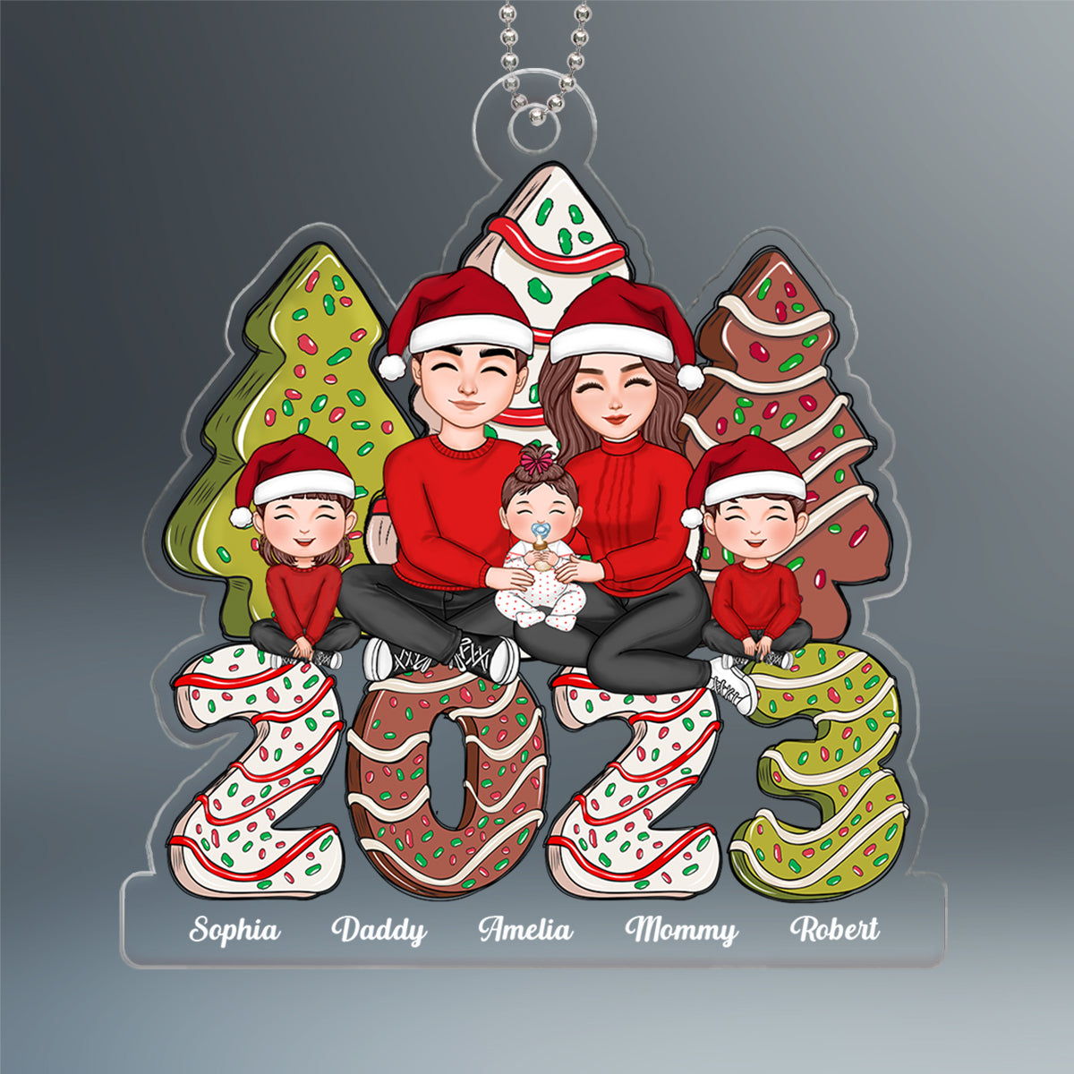 Happy Family Sitting Hugging Christmas Tree Cake Personalized Acrylic Ornament