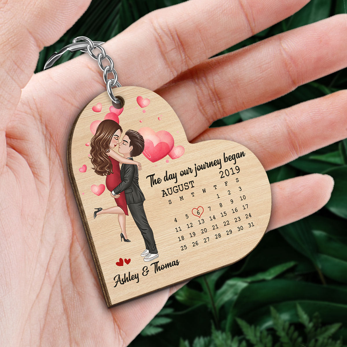 Doll Couple Hugging Kissing Calendar Anniversary Date Heart Shaped Personalized Wooden Keychain