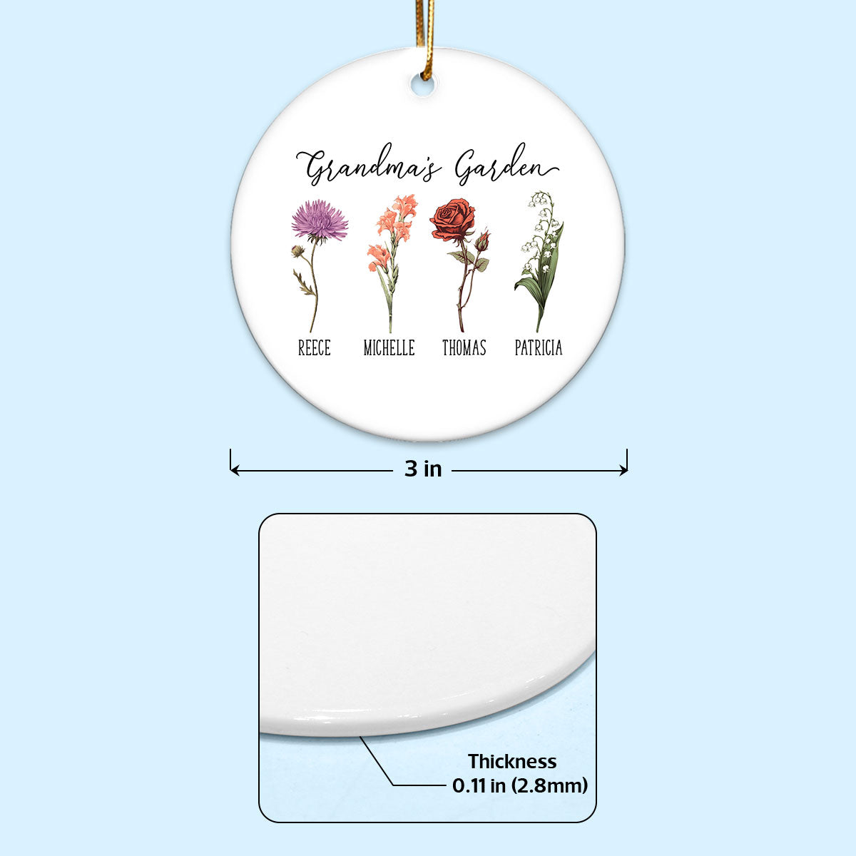 Grandma's Garden Birth Month Flower Family Personalized Ceramic Ornament, Birthday Christmas Gift For Grandma, Mom, Mother-in-law
