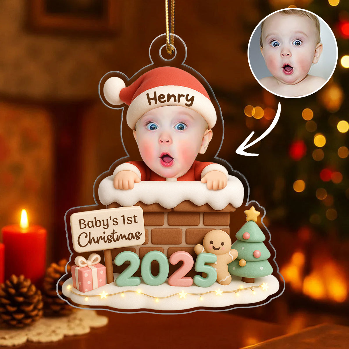 Santa Baby With Chimney Personalized Acrylic Ornament, Baby's 1st Christmas, Christmas Gift for Children, Grandchildren