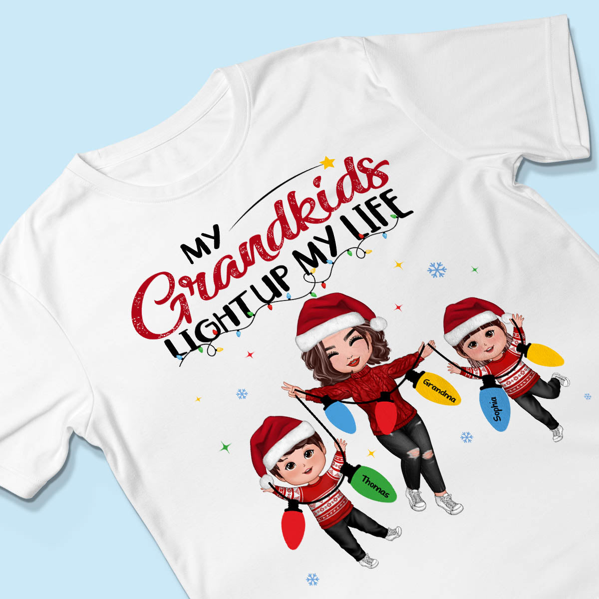 My Grandkids Light Up My Life Happy Doll Grandma Grandkids Personalized Christmas Sweatshirt Hoodie