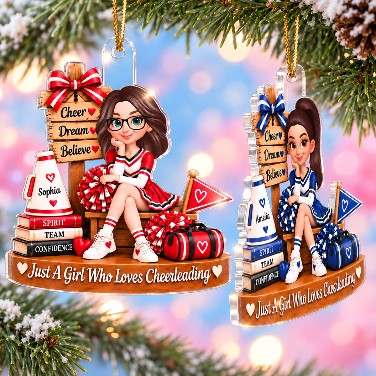 Custom Cheerleading Girl Name - Personalized Acrylic Ornament - Christmas Gift for Daughter, Granddaughter, Holiday Keepsake for Cheerleaders