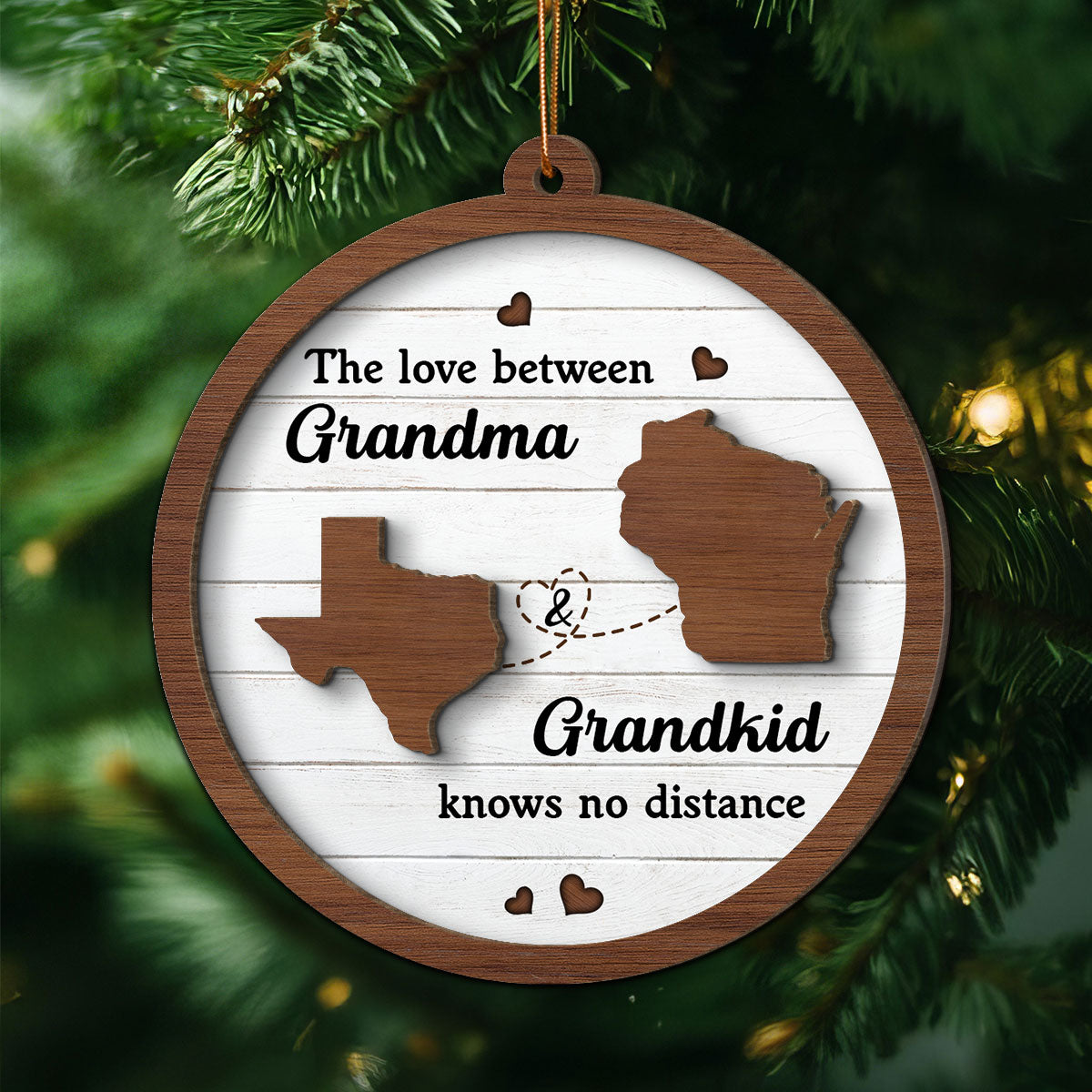 Grandkids Long Distance State Map Personalized 2-Layer Wooden Ornament, Christmas Gift For Grandma