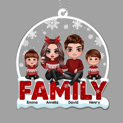 Doll Family Sitting On Text Snow Background Personalized Acrylic Ornament