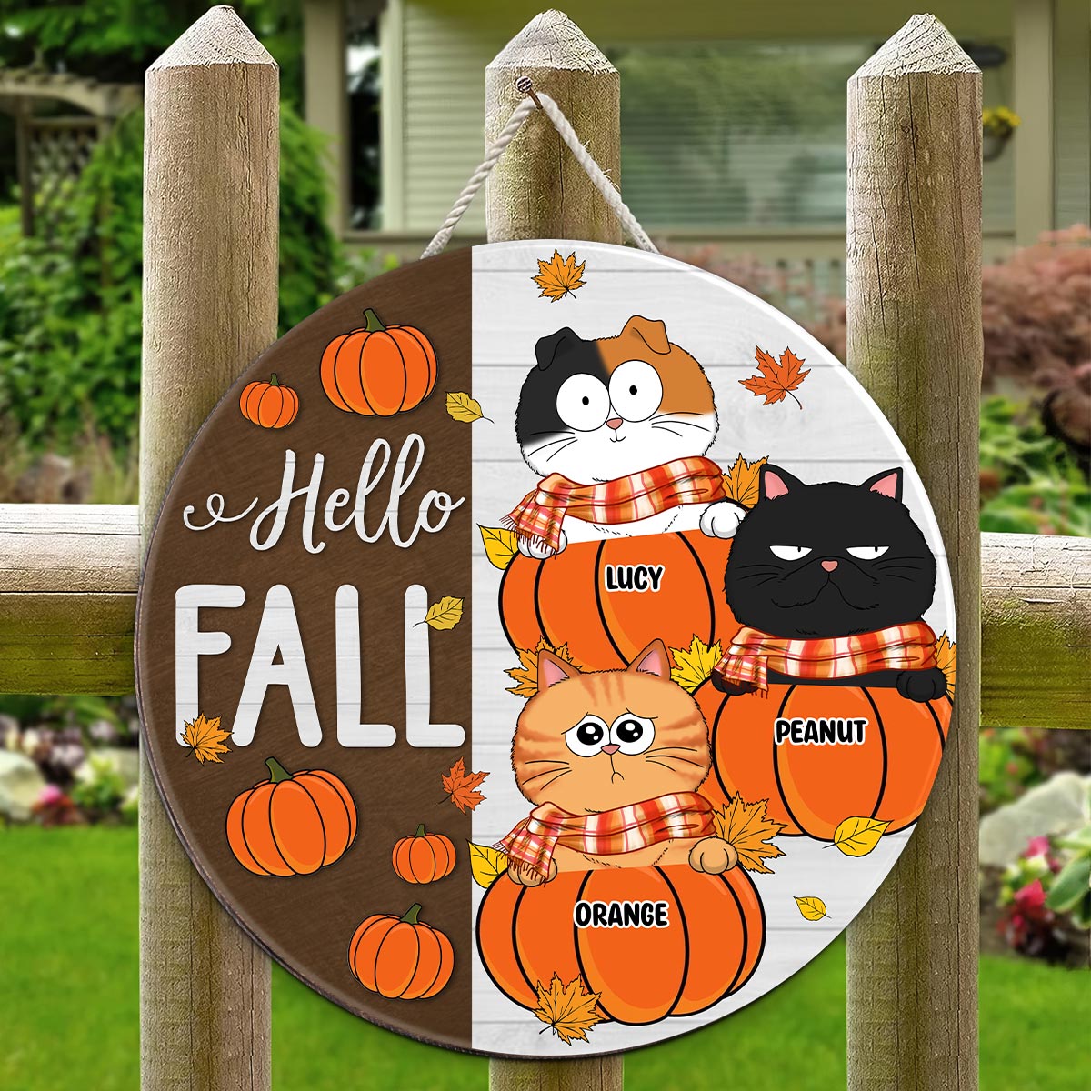 Funny Cats Hello Fall Personalized Wood Sign, Door Hanger, Outside Decor