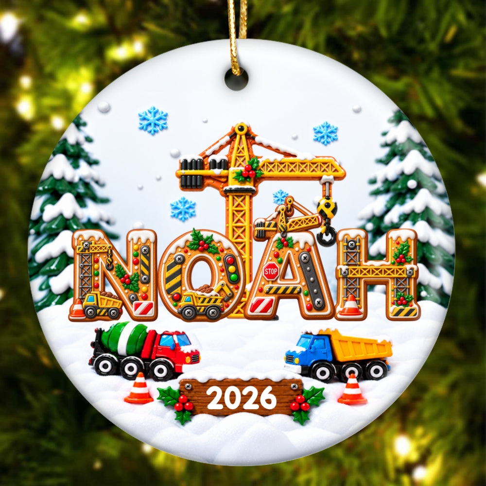 Kids Name Truck Christmas - Personalized Ceramic Ornament - Construction Vehicle Design, Gift For Boy Girl Grandkids