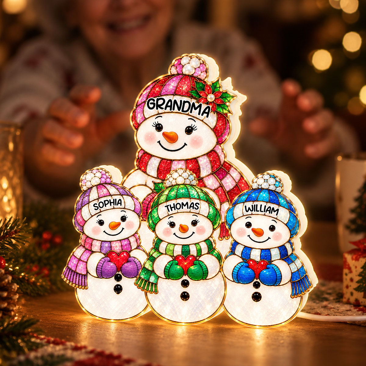 Cute Snowman Grandma Grandpa & Grandkids 2D Flat Printed - Personalized Light Box - Christmas Decor For Family, Grandma, Grandpa