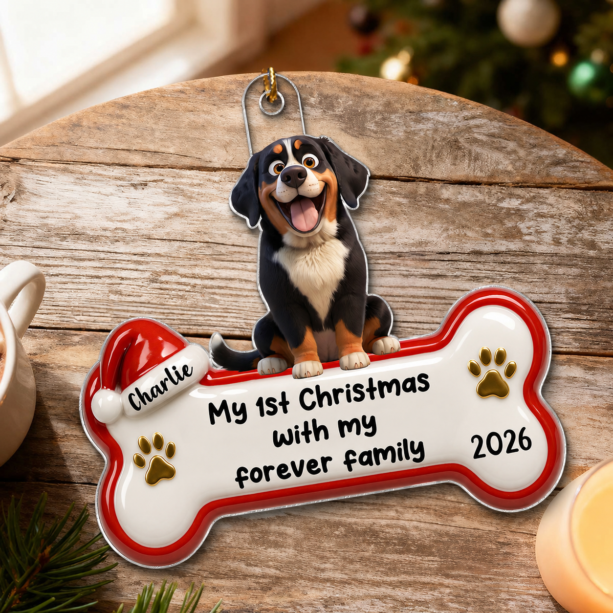 1st Christmas With Forever Family Cartoon Dog 3D Effect - Personalized Acrylic Ornament