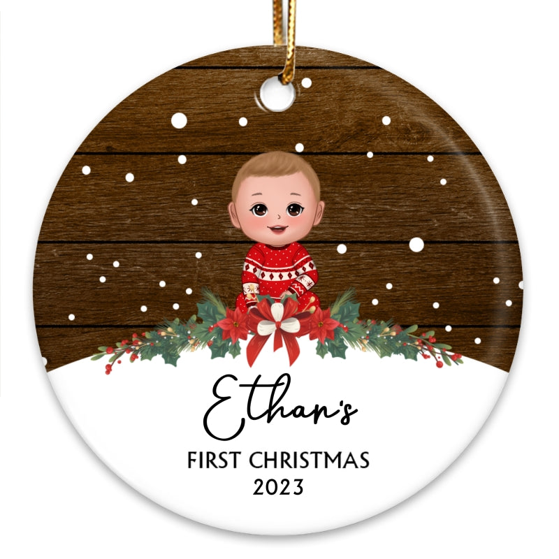 Snow Wood Baby Doll First Christmas Personalized Circle Ornament