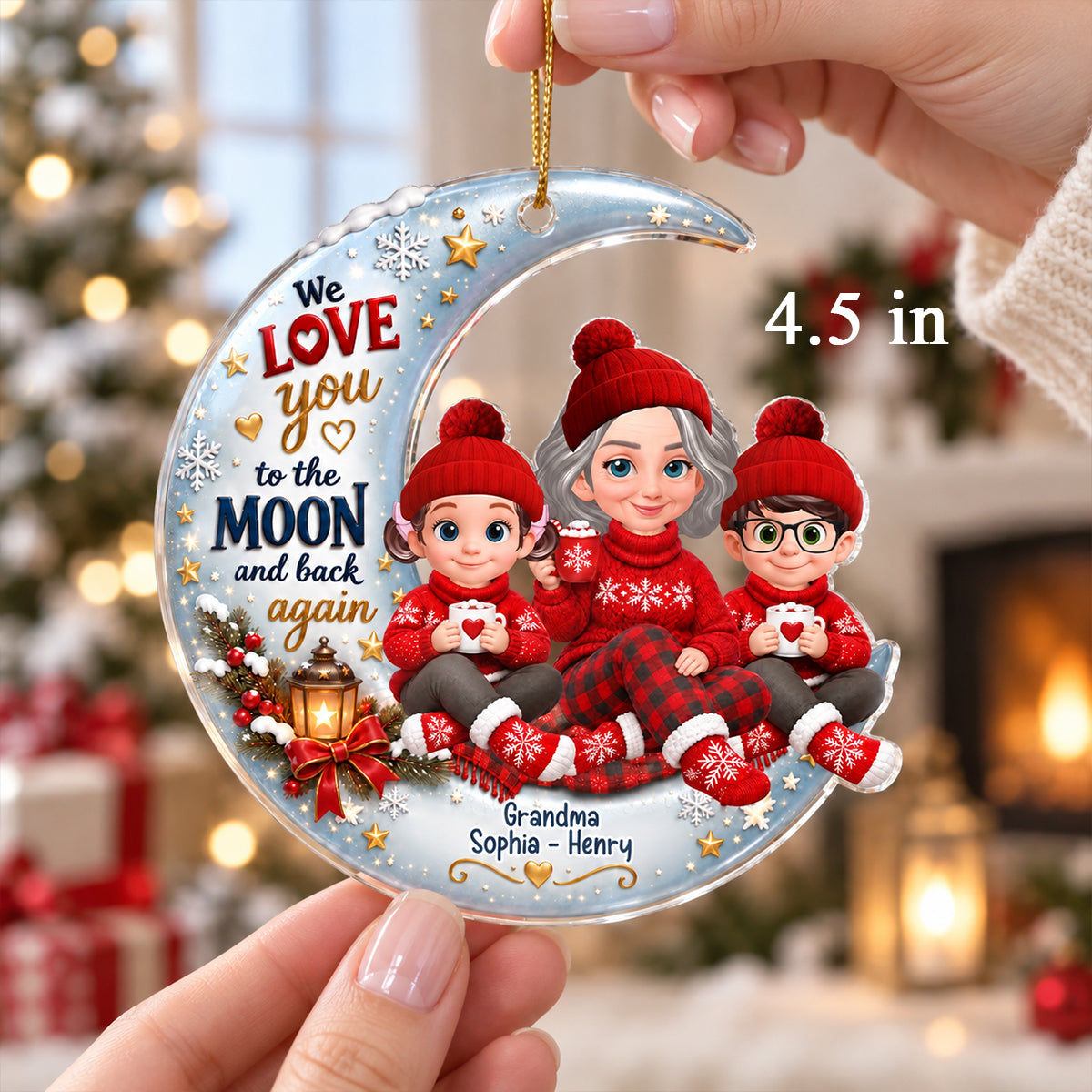 Cute Grandma Grandkids Sitting on Moon - Personalized Acrylic Ornament - Christmas Gift for Grandkids, Grandma