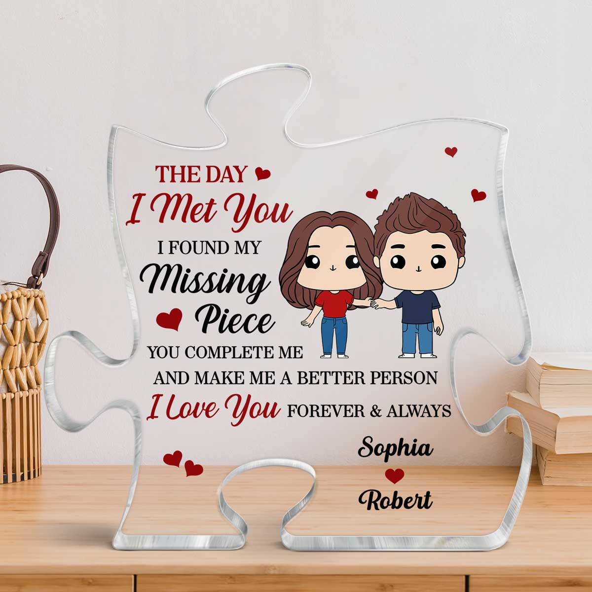 Cute Chibi Couple Found My Missing Piece Personalized Puzzle Acrylic Plaque