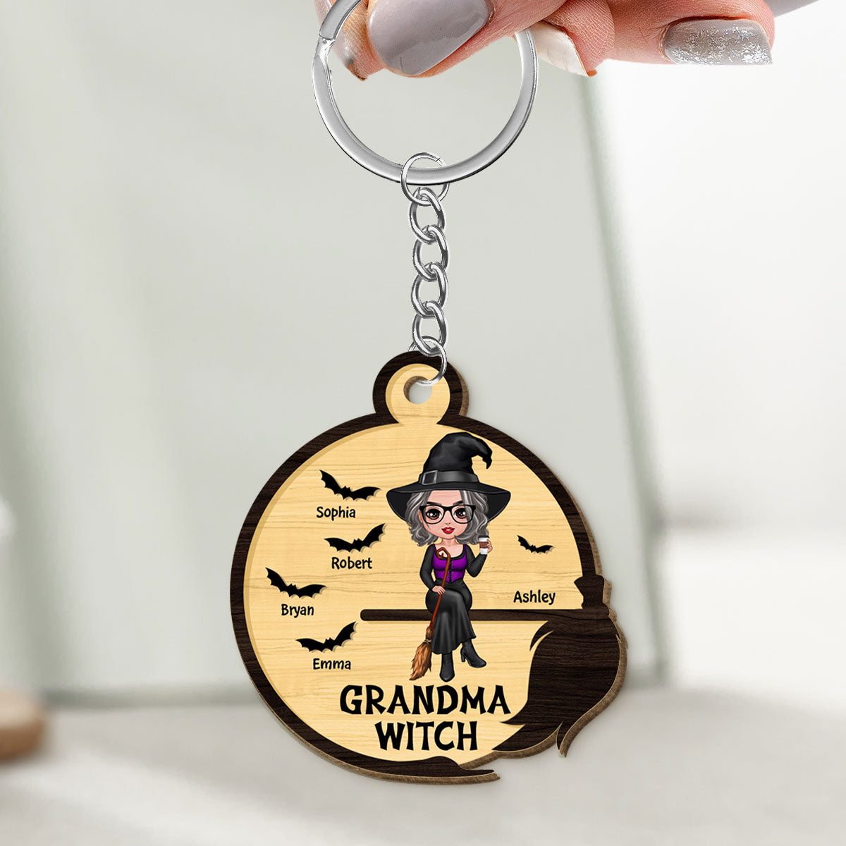Grandma Mom Witch Broom Frame Halloween Personalized Wooden Keychain