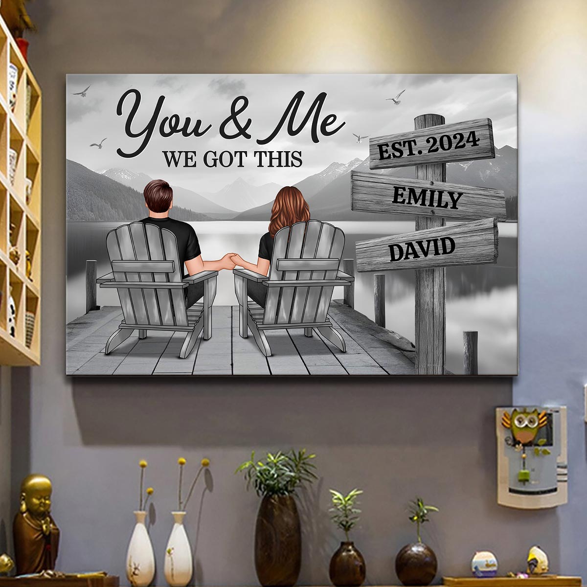 Lake Dock Couple Sitting Holding Hands Sign Posts Personalized Poster, Home Decoration, Gift For Her, For Him