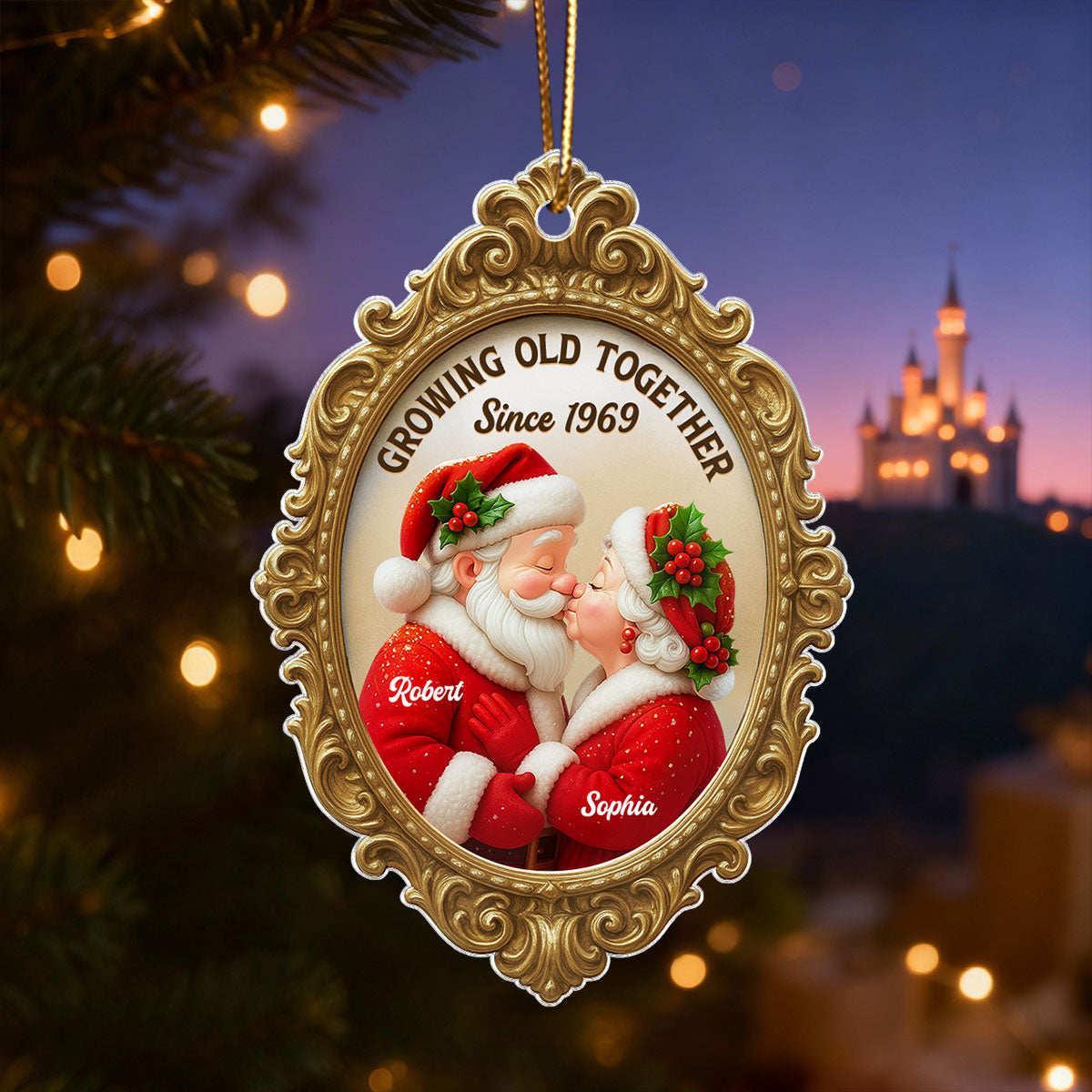 Vintage Golden Frame 3D Effect Mr Mrs Clause - Personalized Acrylic Ornament - Christmas Gift For Couples