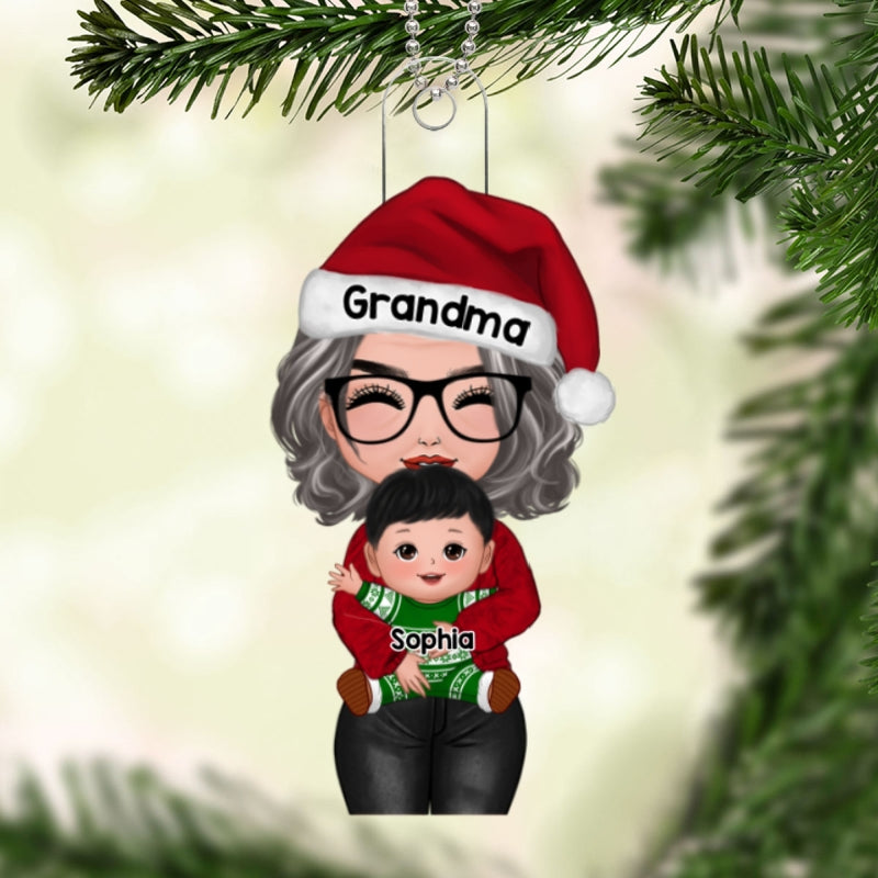 Mom Grandma Hugging Kid Front View Personalized Acrylic Ornament