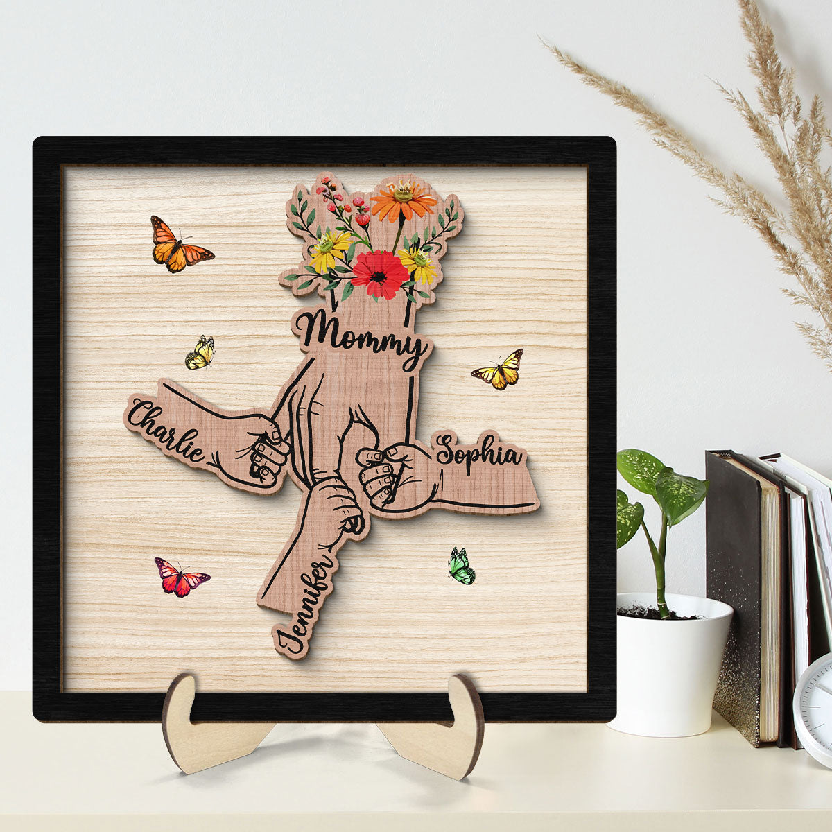 Grandma Mom Kids Hands Flowers Personalized 2-layer Wooden Plaque