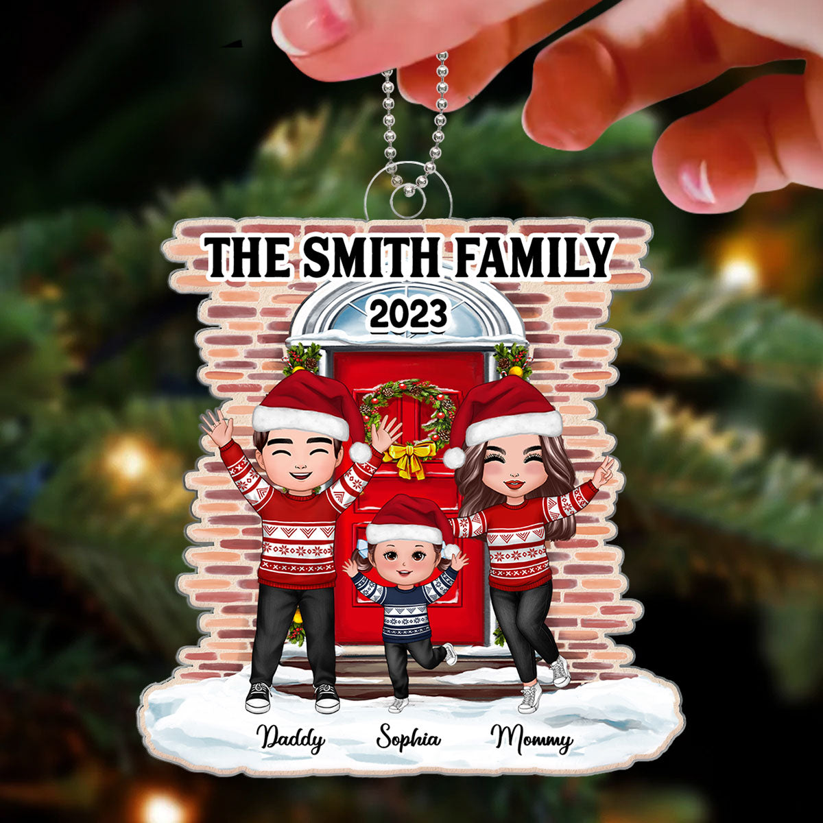 Happy Doll Family Standing Front Door Christmas Gift Personalized Acrylic Ornament
