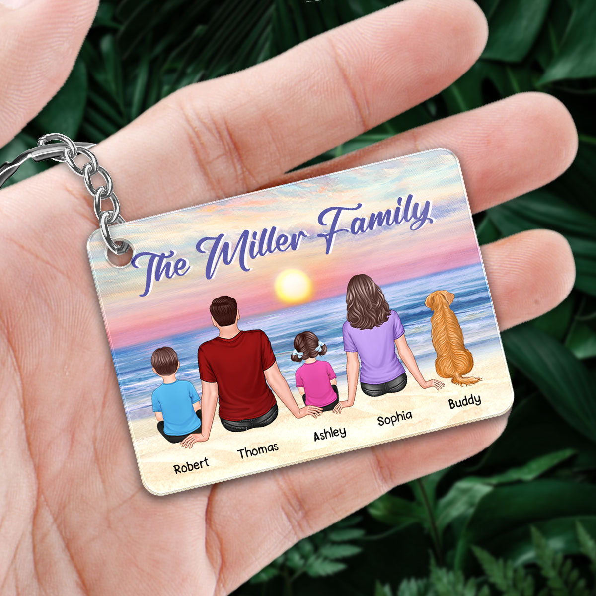 Whole Family Sitting Back View Couple Kid Dog Cat Personalized Acrylic Keychain