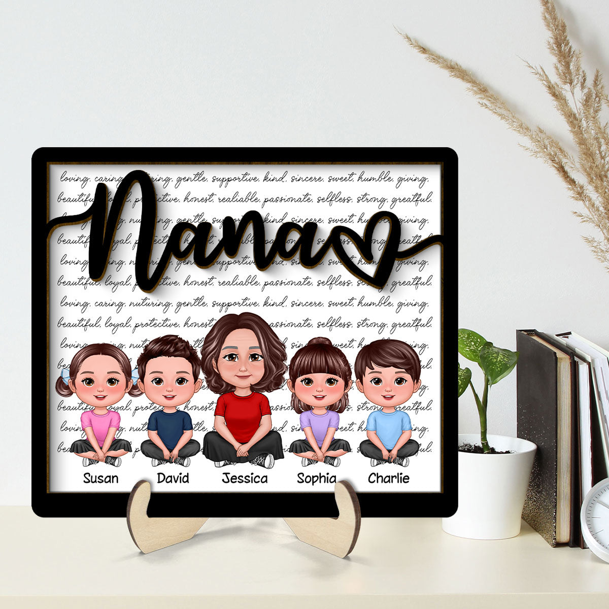 Grandma Mom Kids Crossed Legs Characters Personalized 2-layer Wooden Plaque, Gift For Mom, For Grandma