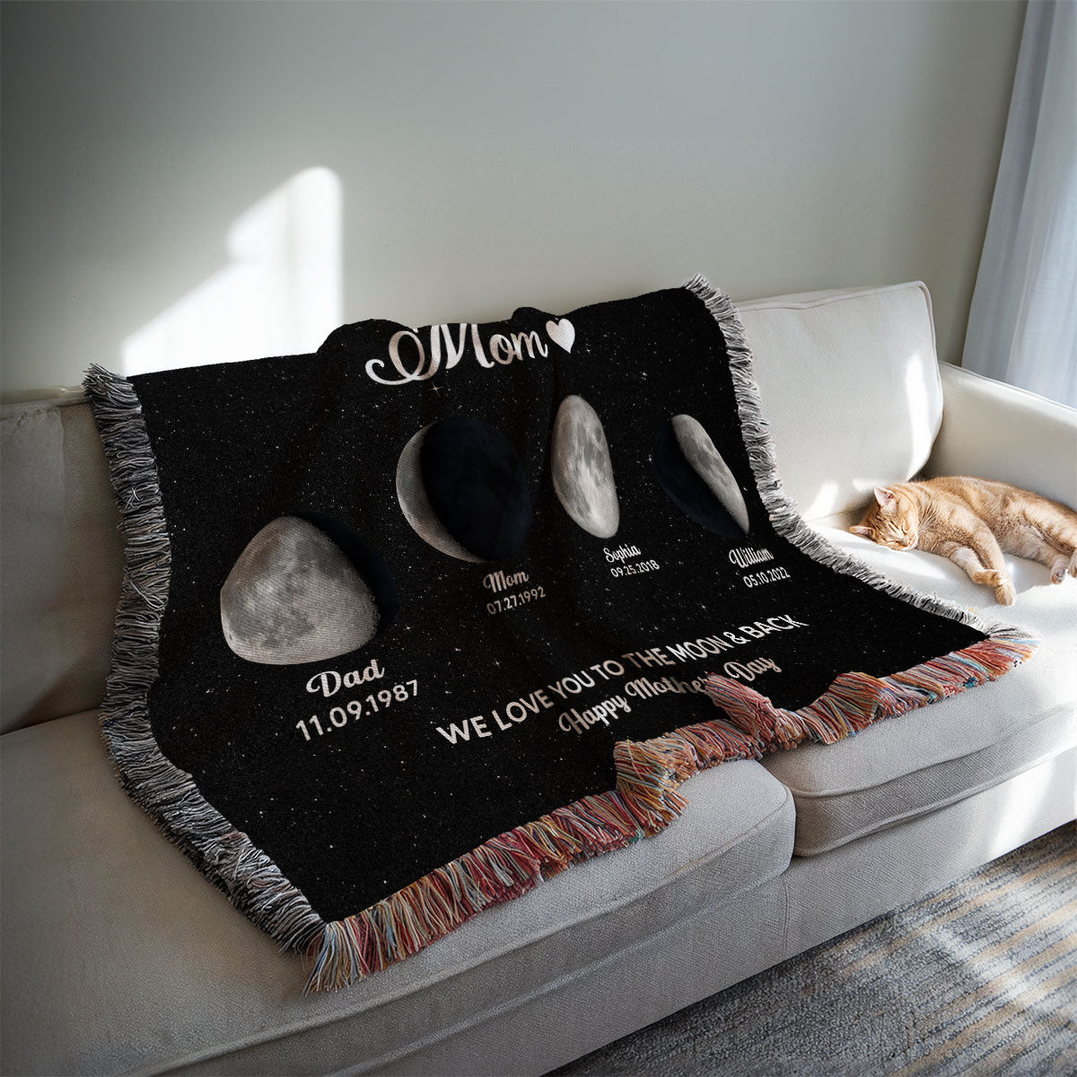 Mom Grandma Love You To The Moon And Back Moon Phase Art Personalized Tapestry Woven Blanket