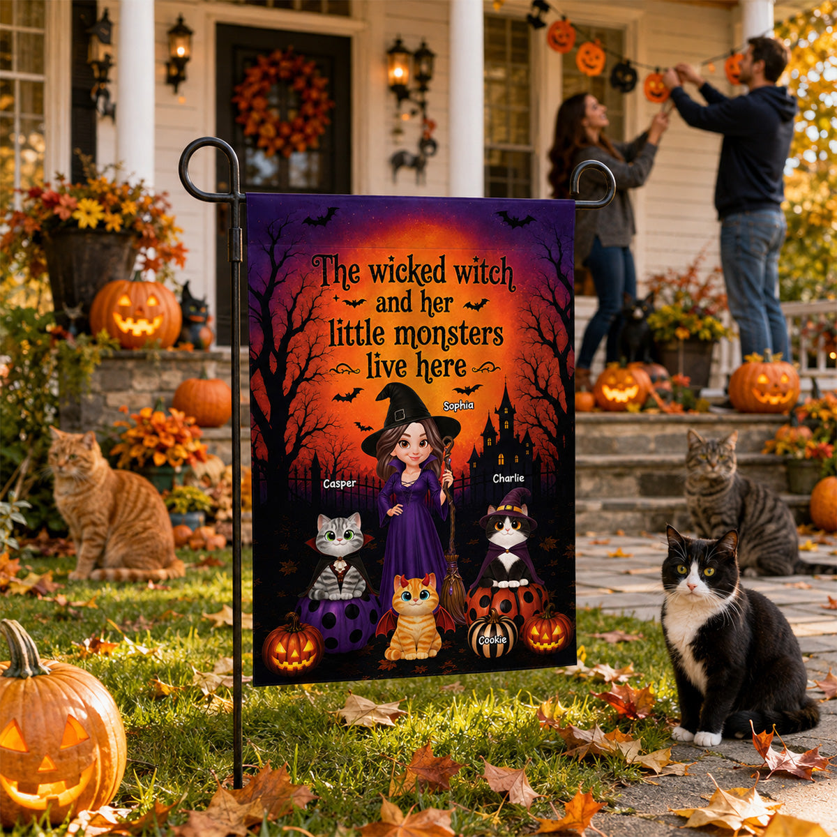 Halloween Wicked Witch And Little Monters Cats - Personalized Garden Flag