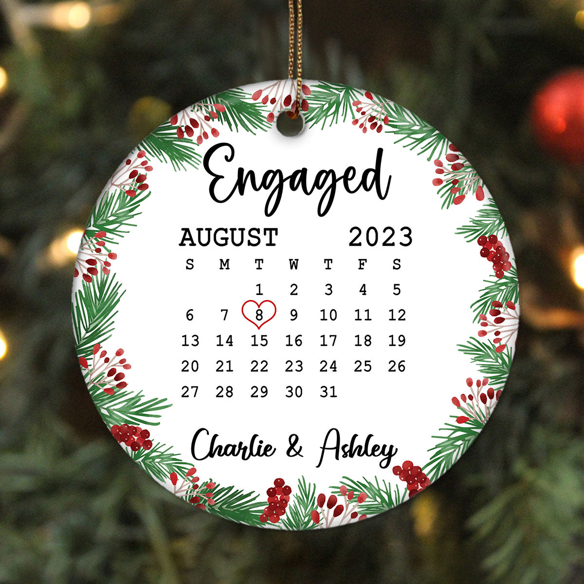 Holly Branch Simple Calendar Date First Christmas Couple Married Engaged Personalized Circle Ornament