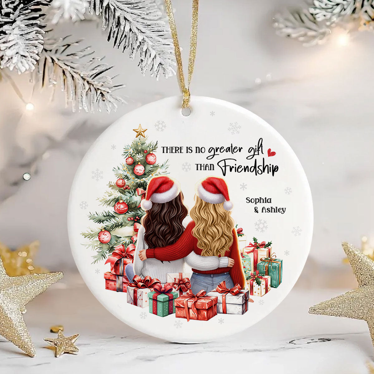 Personalized Christmas Ornament – Besties Sisters by the Tree with Festive Gifts and Holiday Cheer