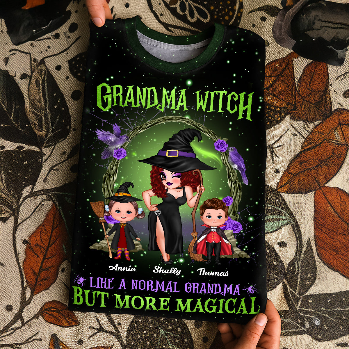Purple And Green Pretty Grandma Witch & Kids Personalized Shirt, Halloween Costume for Grandma