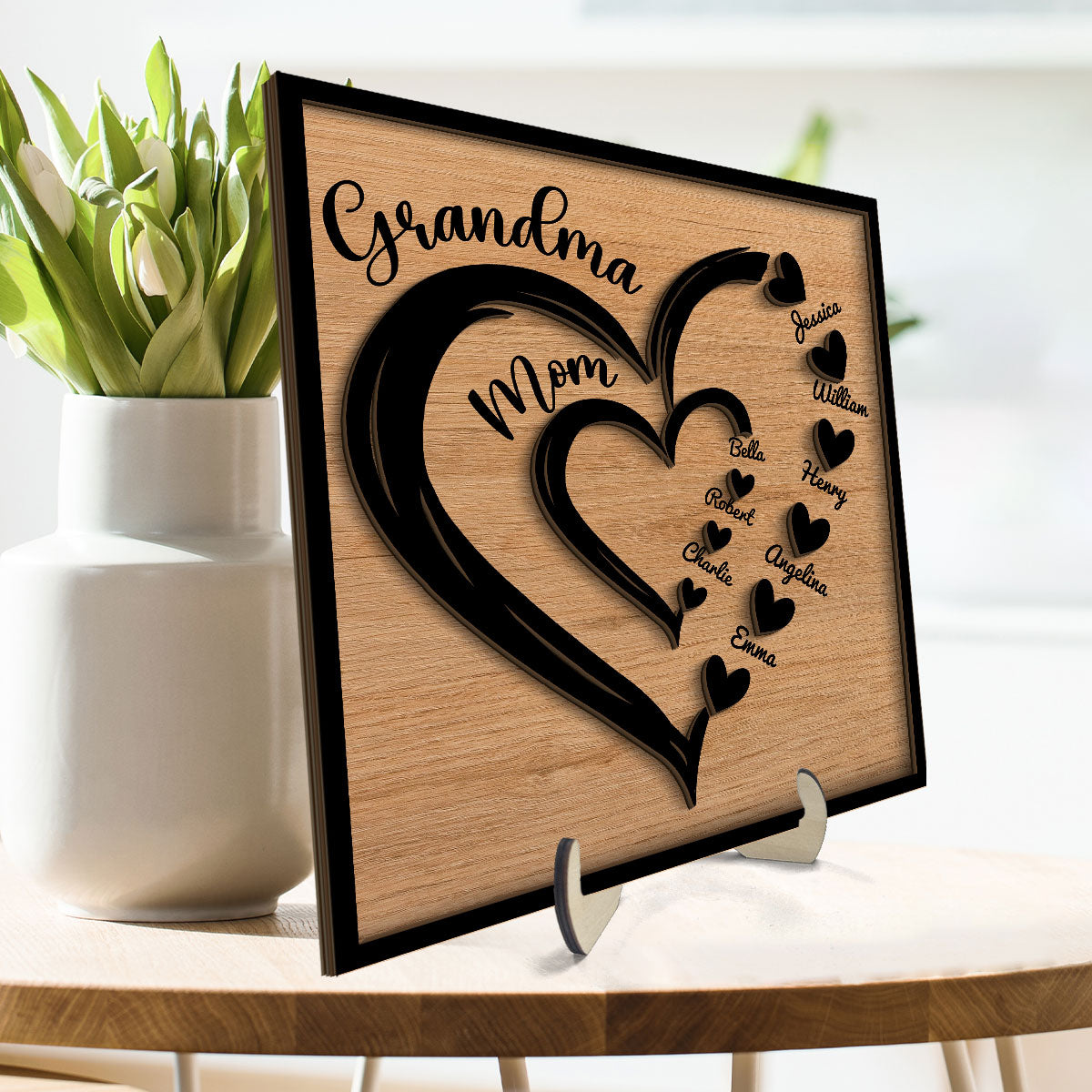 Grandma Mom Heart In Heart Personalized 2-layer Wooden Plaque, Gift For Mom