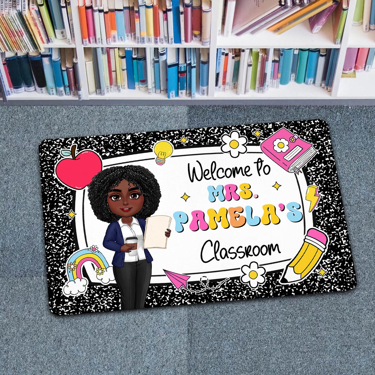Teacher Composition Book Pattern - Personalized Doormat - Back To School Gift, Classroom Decoration