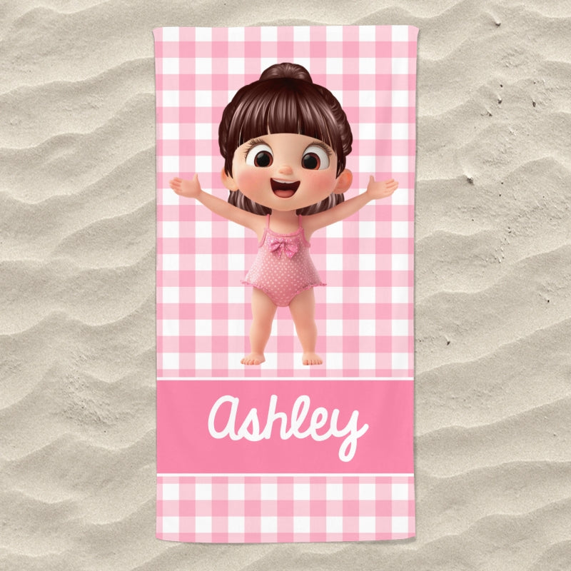 Cartoon Cute Kid Personalized Beach Towel, Pool Party Towel, Summer Camp Towel for Kids