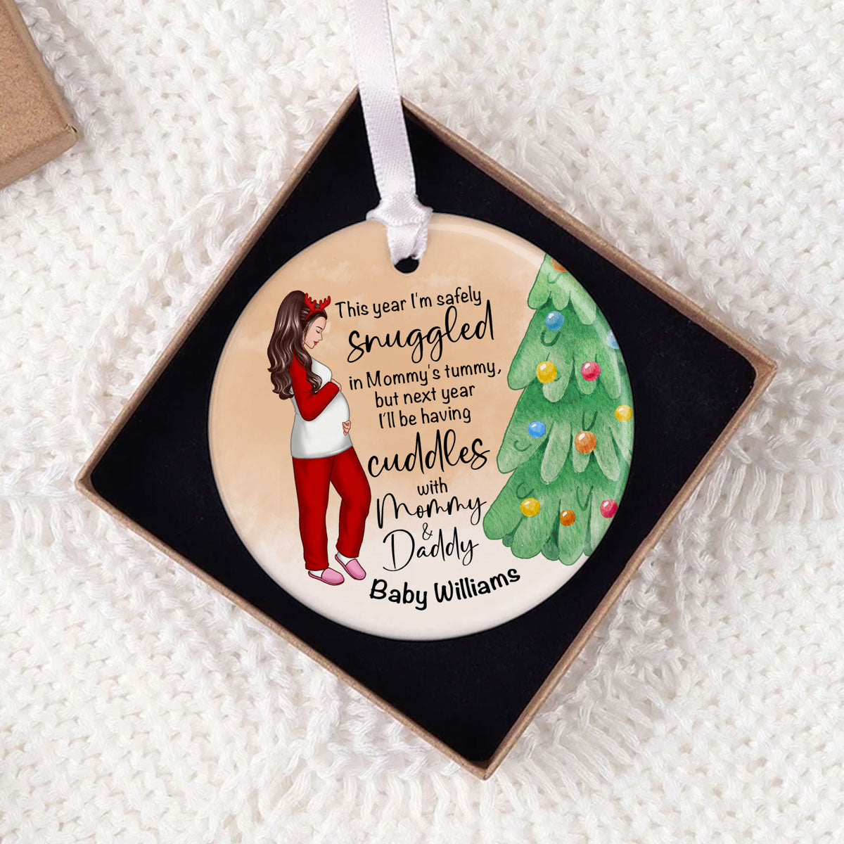 Bump Christmas, Pregnant Ornament, Snuggled in Mommy's Tummy, Personalized Circle Ceramic Ormament