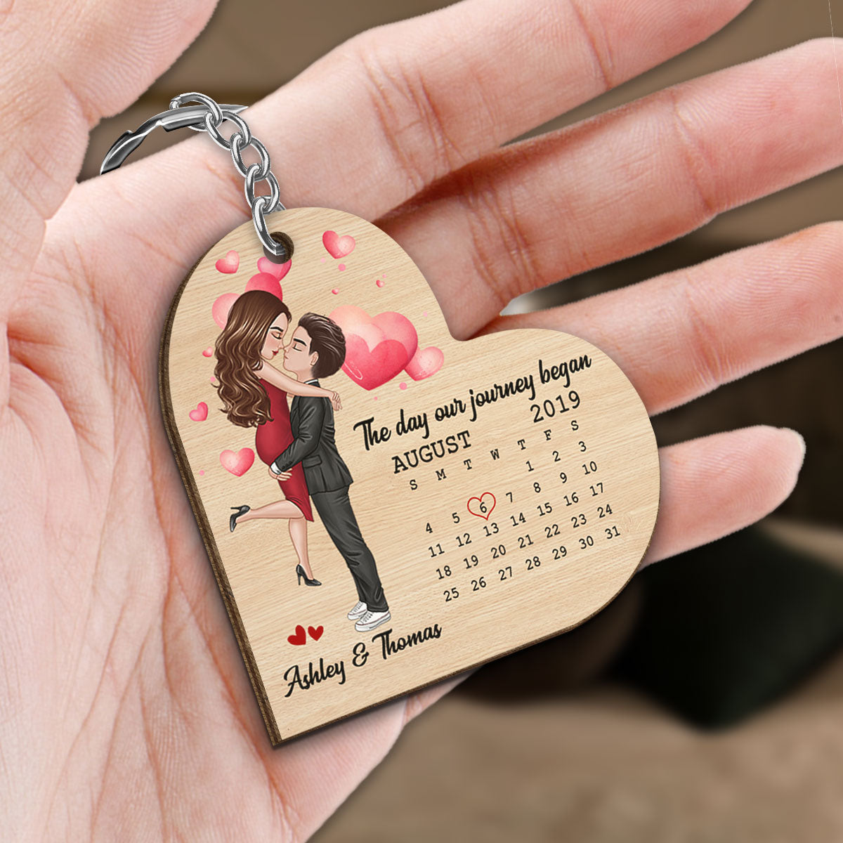 Doll Couple Hugging Kissing Calendar Anniversary Date Heart Shaped Personalized Wooden Keychain