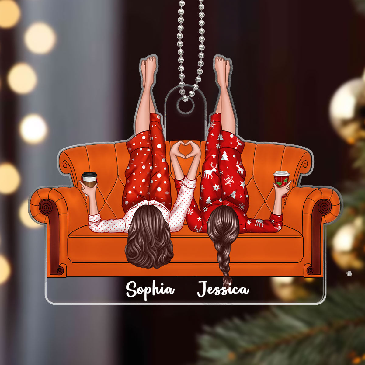 Friends Sisters Besties Lying On Couch Personalized Acrylic Ornament, Christmas Gift
