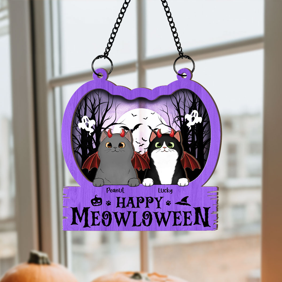 Halloween Cats In Pumpkin Personalized Suncatcher, Halloween Decor