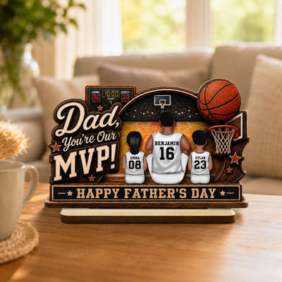 Dad You Are Our MVP Sitting Basketball Man & Kids 2D Flat - Personalized 2-Layered Wooden Plaque - Father's Day Gift For Basketball Dad