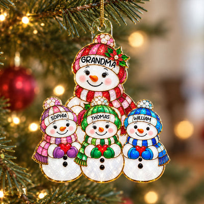Cute Snowman Grandma Grandpa & Grandkids 2D Flat Printed - Personalized Acrylic Ornament - Christmas Decor For Family, Grandma, Grandpa