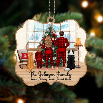 Family Pajamas Decorating Tree Couple Kid Dog Cat Personalized Wooden Ornament